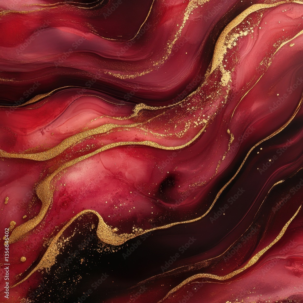 Poster elegant fluid art in crimson and gold creating a luxurious marble effect with swirling patterns and 