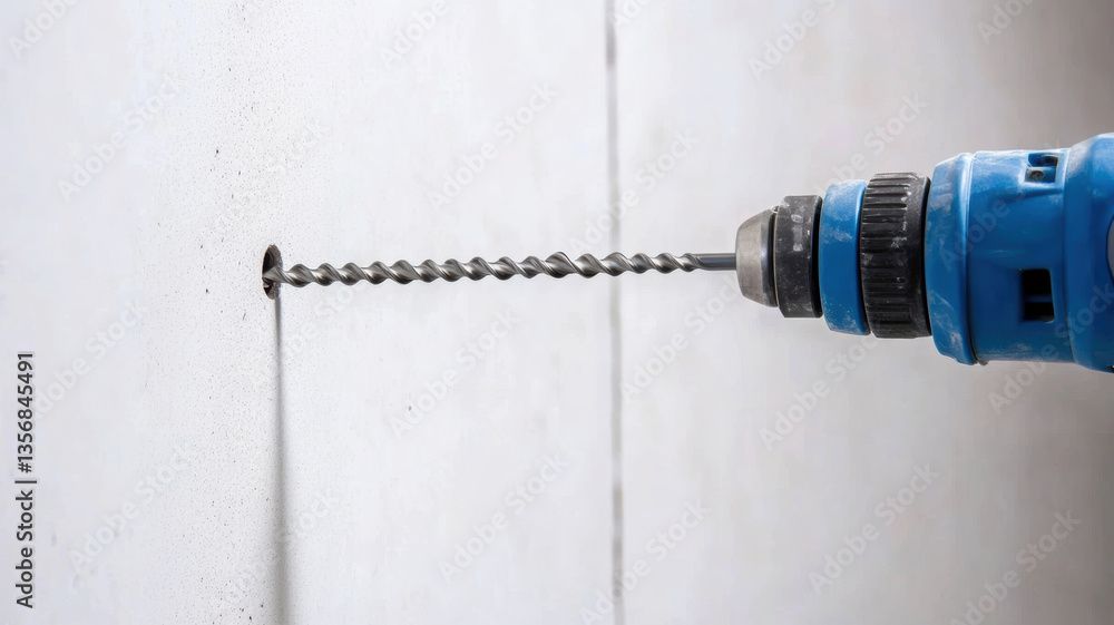 Poster drilling into wall using power tool showcases essential construction material process. this action h