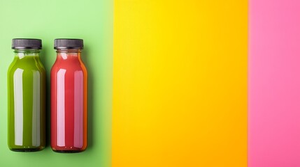 Colorful bottles of green and red juices placed on a vibrant backdrop, ideal for health promotions
