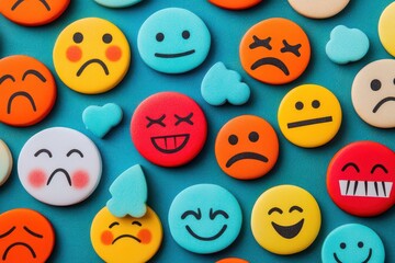 Naklejka premium A vibrant collection of colorful emoji buttons displaying various emotions on a blue background