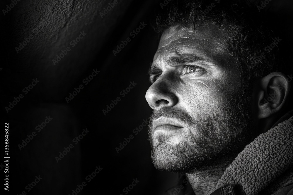 Poster Man in deep thought gazes into darkness with intense expression in a dimly lit setting