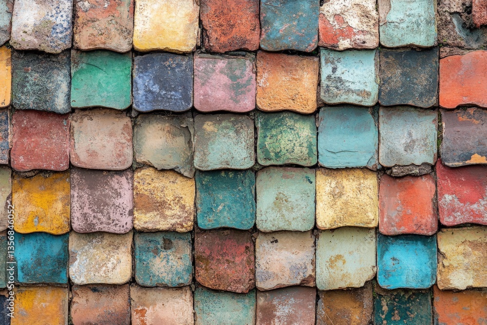 Poster Colorful tiles displayed on a weathered wall in a vibrant outdoor setting creating an artistic mosaic effect