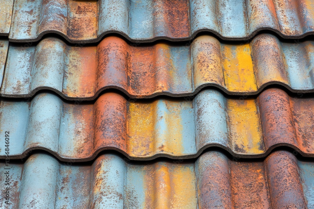 Poster colorful weathered tiles create a stunning pattern on a rooftop in the bright sunlight