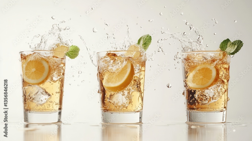 Poster refreshing iced tea with lemon and mint splash in clear glasses on bright background with water drop