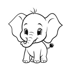 Fototapeta premium A black and white vector silhouette of a joyful baby elephant with its trunk raised in happiness on a white background
