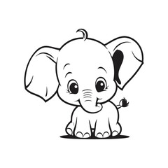 A simple black and white vector illustration of a baby elephant smiling playfully, its ears flapping with excitement on a clean white background