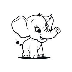 A black and white vector silhouette of a happy baby elephant jumping with its trunk up in delight on a white background