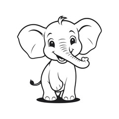 A sleek black and white vector illustration of a baby elephant with a wide, cheerful smile, spreading joy on a white background