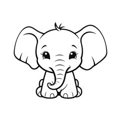 A black and white vector silhouette of an adorable baby elephant sitting with a big smile, looking friendly on a white background