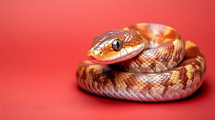 Fototapeta premium Close-up of a coiled snake on red background.