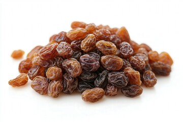 Fototapeta premium A pile of dried raisins on a white background.