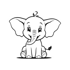 A simple black and white vector illustration of a cheerful baby elephant stomping happily with a big smile on a white background