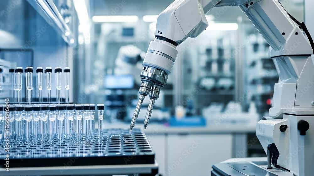 Poster advanced robotic arm precisely handling test tubes in a modern laboratory setting, showcasing automa