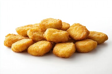 Fototapeta premium Golden chicken nuggets piled high against a white background.