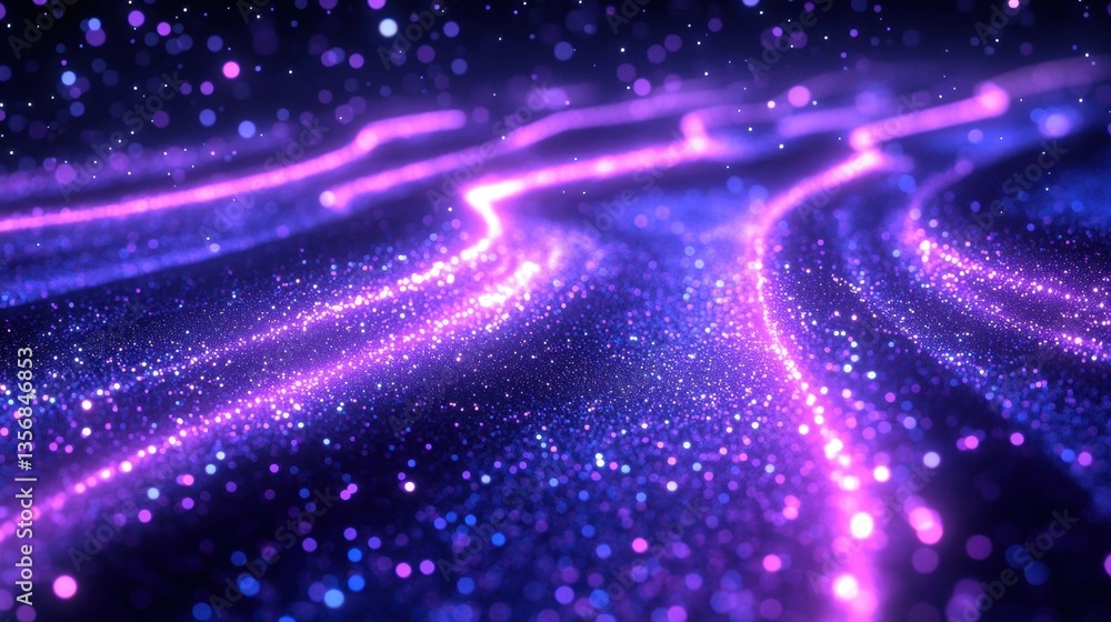 Poster luminous purple and blue particle trails flowing across a dark cosmic landscape with bokeh effect an