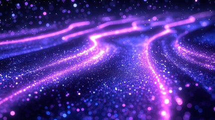 Luminous Purple and Blue Particle Trails Flowing Across a Dark Cosmic Landscape with Bokeh Effect and Abstract Design