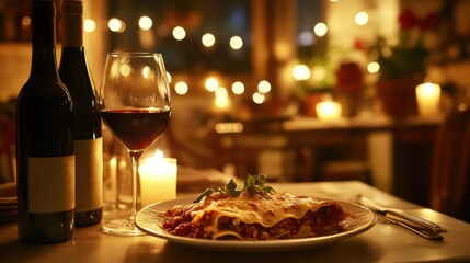 A romantic Italian restaurant setting with soft lighting, a bottle of wine, and a plate of lasagna served for two.