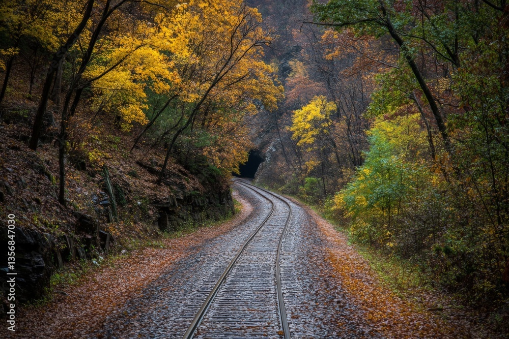 Poster scenic autumn train tracks winding through colorful foliage in a tranquil forest setting