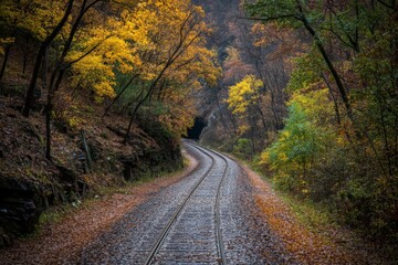 Scenic autumn train tracks winding through colorful foliage in a tranquil forest setting