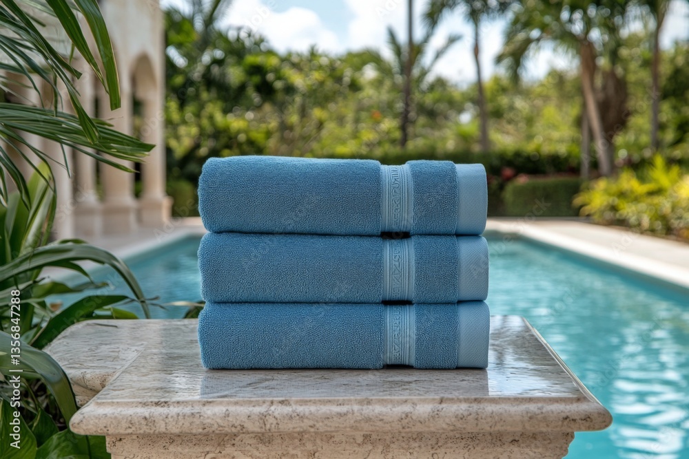 Poster Soft blue towels neatly arranged by a serene pool surrounded by lush greenery in a sunny outdoor setting