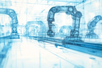 Digital rendering shows industrial robotic arms in a factory setting