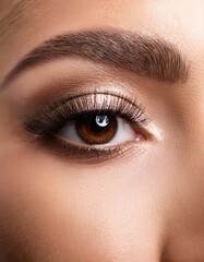 Obraz premium Female closed eye close-up. Eye makeup for eyebrows and eyelashes. Brown shade