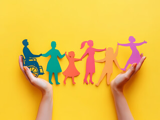 Holding Hands for a Better Tomorrow: This photo depicts inclusivity and diversity, with hands cradling a diverse group of paper cutouts holding hands against a vibrant background.