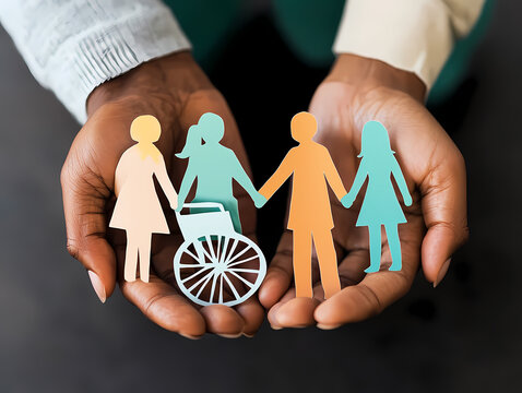 Embracing Unity: A compassionate pair of hands tenderly cradles paper cutouts representing diverse individuals, including one in a wheelchair.