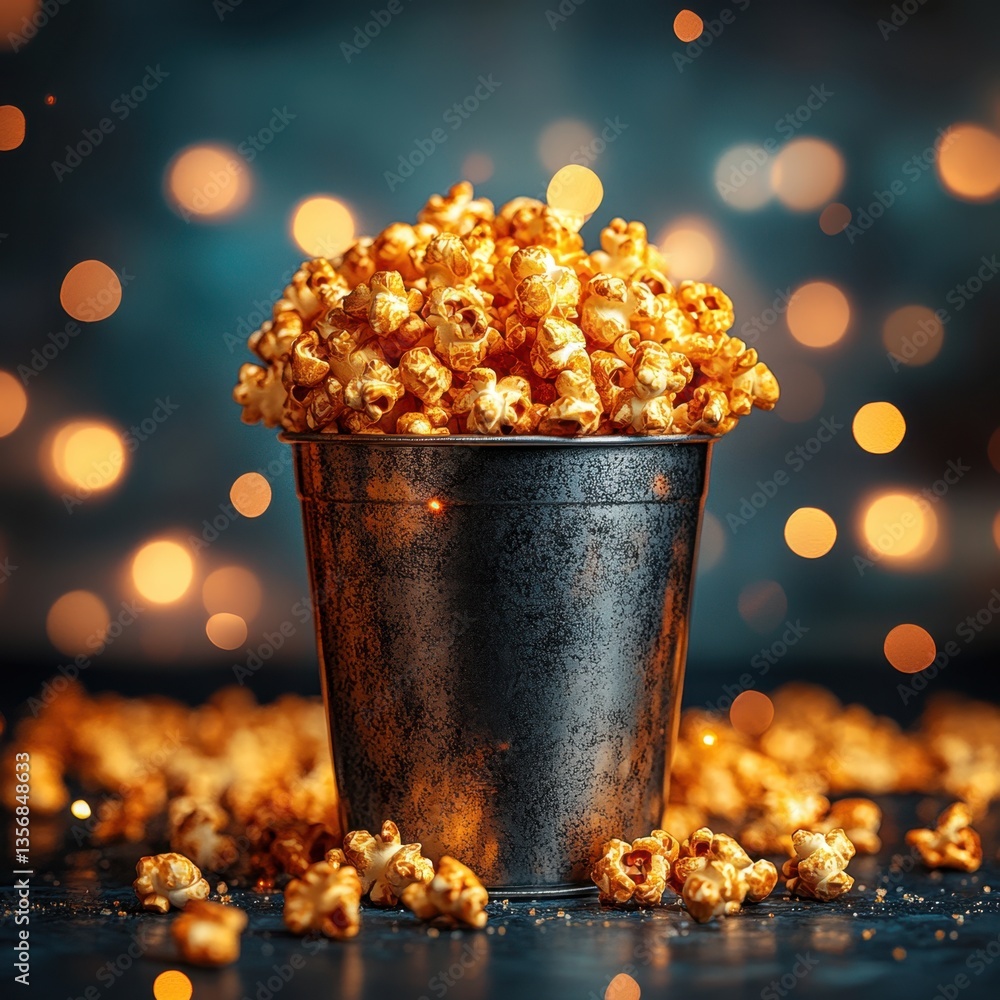 Poster golden popcorn overflowing from a rustic metal bucket against a bokeh background creating a cozy and