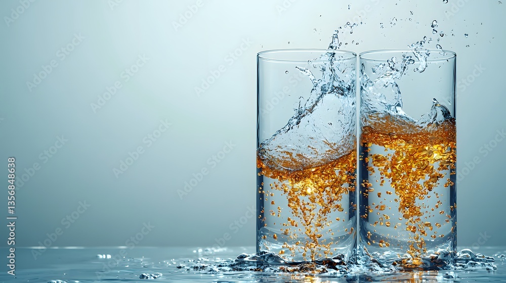Poster two glasses of clear water with splashes capturing the dynamic movement of liquid in a refreshing na