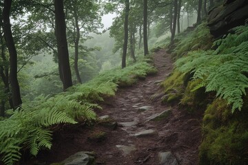 Obraz premium A dense rainforest with moss-covered rocks and ferns