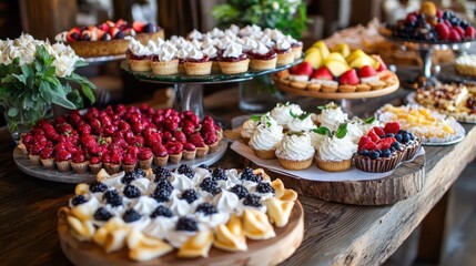 A rustic wooden table with a delicious assortment of Italian desserts, including cannoli, ricotta cheesecake, and fruit tarts.