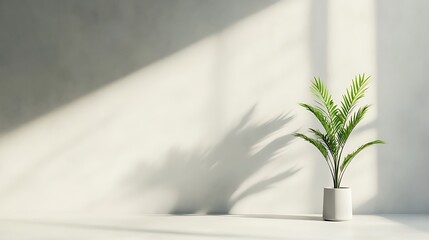 Potted plant casting shadow on white wall in sunlit room