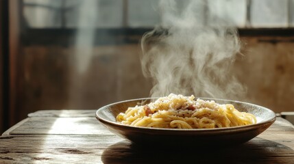 A rustic wooden table with a steaming plate of spaghetti carbonara, topped with crispy pancetta, Pecorino Romano, and black pepper.