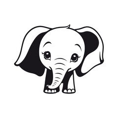 A black and white vector silhouette of a baby elephant with a sorrowful expression, standing with its ears drooping on a white background