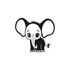 A sleek black and white vector illustration of a sad baby elephant with a downturned trunk, conveying emotion on a white background