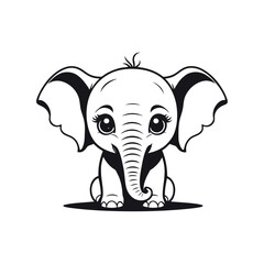 A black and white vector silhouette of a baby elephant sitting with a sad face, its small body hunched on a white background, perfect for PNG designs