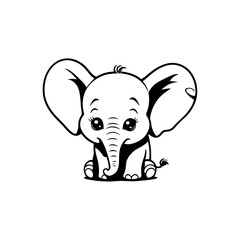 Obraz premium A minimalistic black and white vector illustration of a heartbroken baby elephant with a drooping trunk on a clean white background