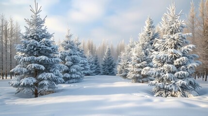 Fototapeta premium Snow-covered fir trees in a serene winter landscape 