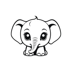 A simple black and white vector illustration of a baby elephant with big sad eyes, standing motionless on a white background