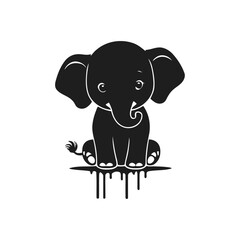 A black and white vector silhouette of a baby elephant with a sad face, standing in the rain with its head lowered on a white background