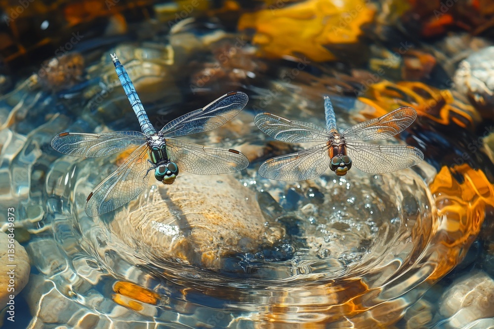 Poster dragonflies hover gracefully above the clear water surface while resting on colorful stones in a tra