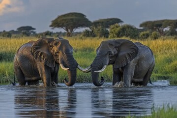 Fototapeta premium Two elephants playfully interacting in a serene waterhole under the sunset in a natural savannah setting