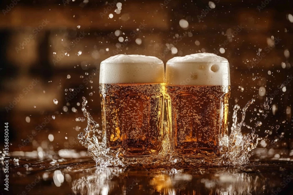 Aufkleber Refreshing beers splash as they are toasted in a rustic pub setting during a lively evening gathering