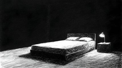 Dark bedroom, bed, lamp, night, sleep, solitude, illustration, stock photo