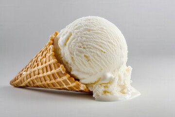 Vanilla ice cream scoop on a waffle cone against a white background.