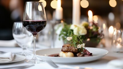 A sophisticated wine and dinner pairing with a glass of red wine, a plated dish of gourmet food, and an elegant table setting.