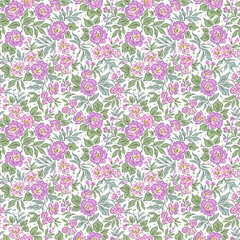 Vintage floral background. Floral pattern with pink and lilac roses flowers on a white background. Seamless pattern for design and fashion prints. Ditsy style. Stock vector illustration.