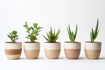 Fototapeta premium Five ceramic pots with various succulent plants on white background.