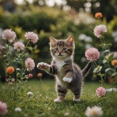  Kitten Chasing Its Tail in a Sunlit Garden.